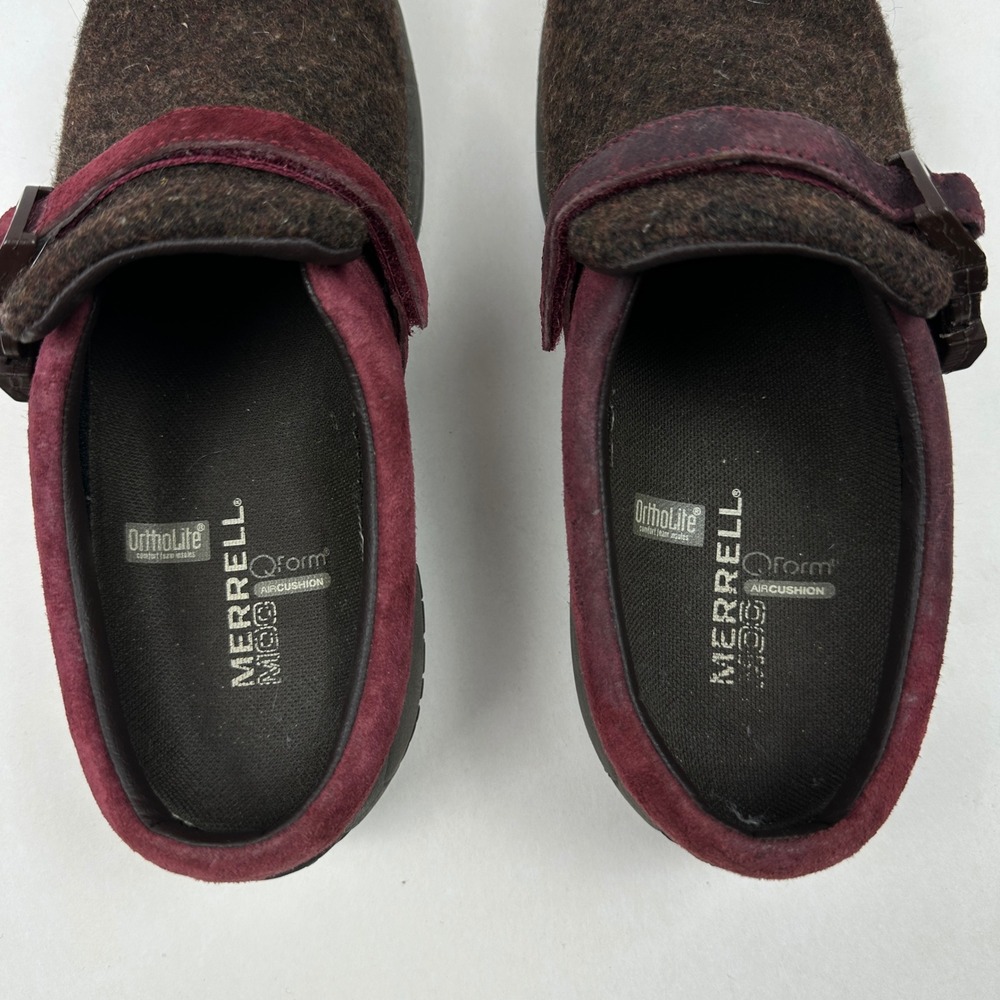 Merrell Encore Groove Wool Suede Clogs Brown Burgundy Buckle Slip On Mules Sz 7 - Picture 8 of 10